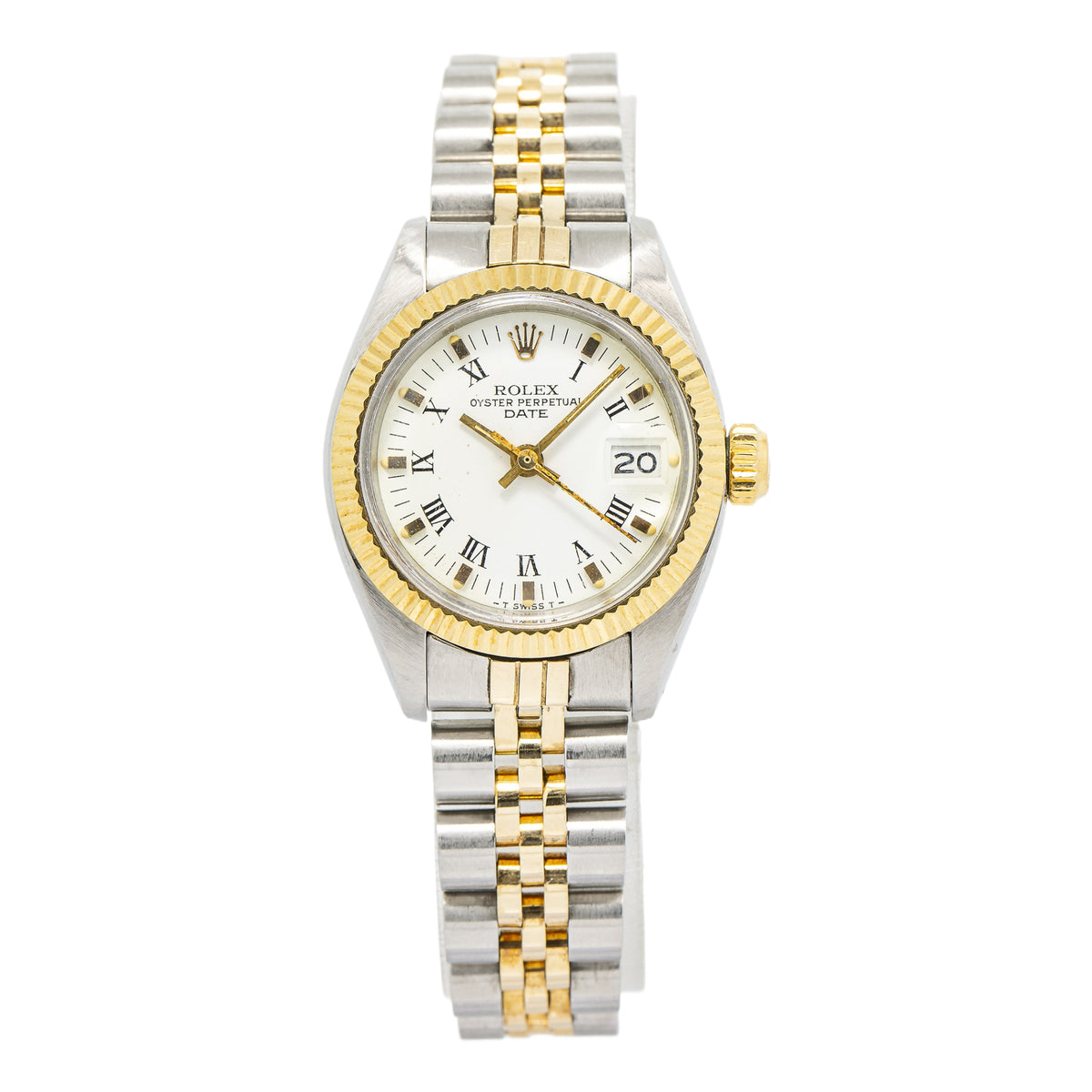 Rolex Date 6916 Converted 18k YG Two Tone Jubilee White Dial Auto Ladies 25mm