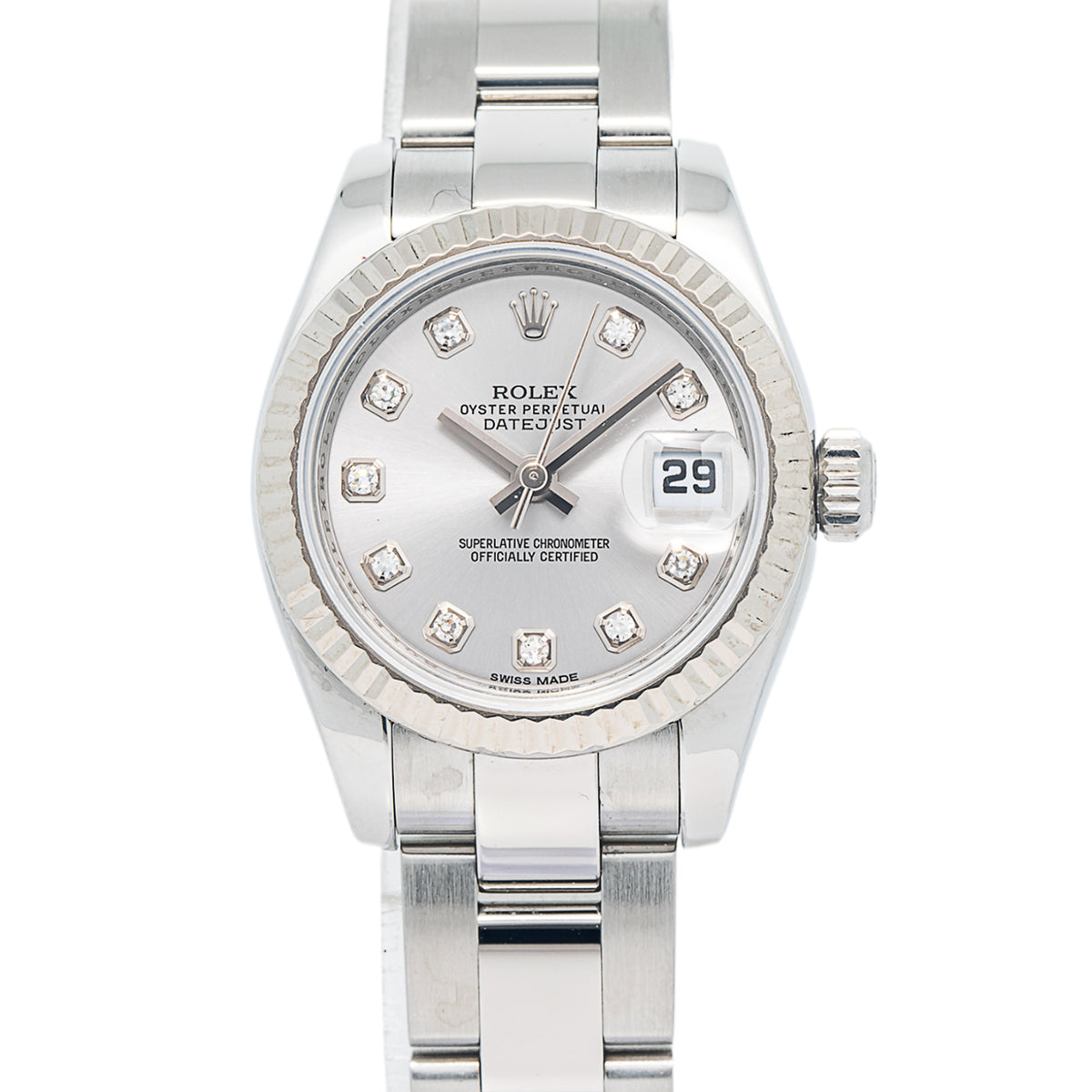 Rolex DateJust 179174 SS Fluted Silver Diamond Dial Auto Lady's Watch 27mm