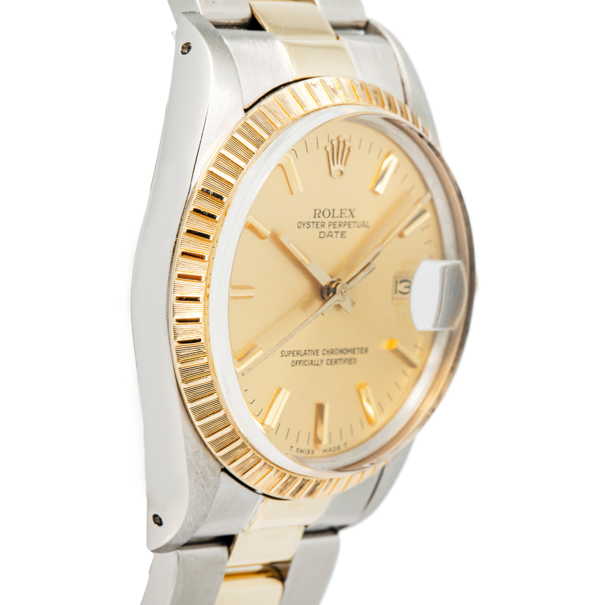 Rolex Date 15053 18K Two Tone YG Fluted Champagne Dial Auto Men's Watch 34mm