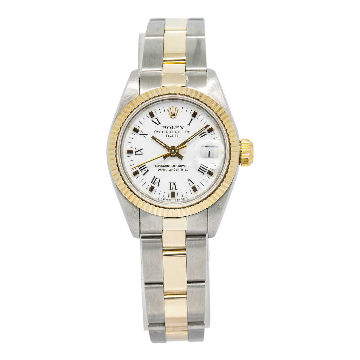 Rolex Date 69190 Converted Oyster Two Tone Fluted White Dial Auto Watch 26mm
