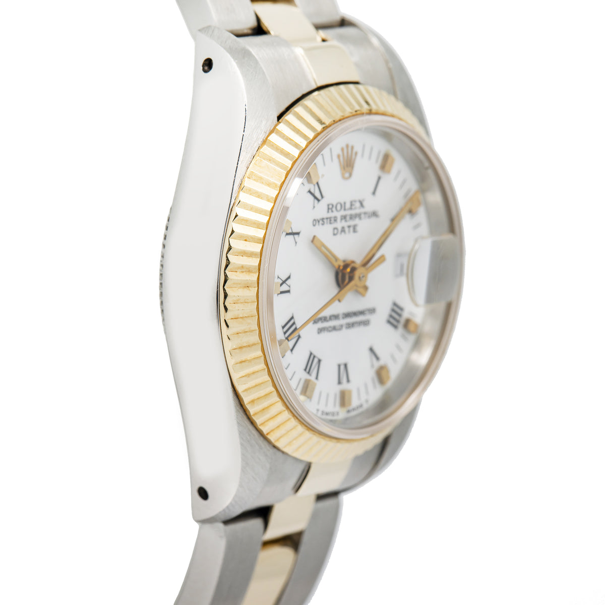 Rolex Date 69190 Converted Oyster Two Tone Fluted White Dial Auto Watch 26mm