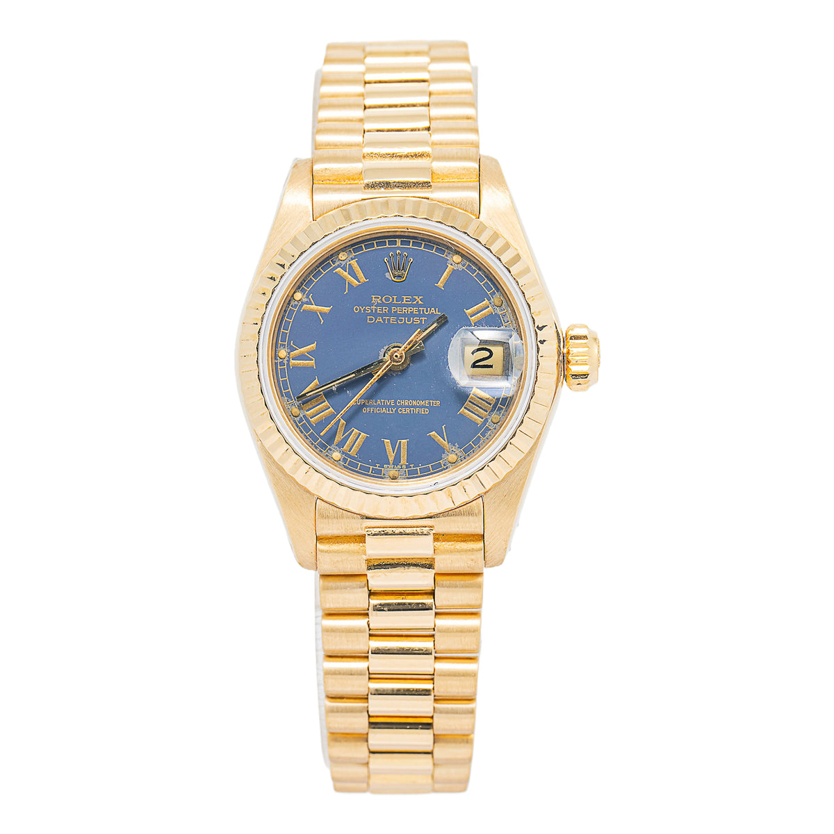 Rolex Datejust 6917 1980 Paper 18k YG President Blue Dial Ladies Watch 26mm