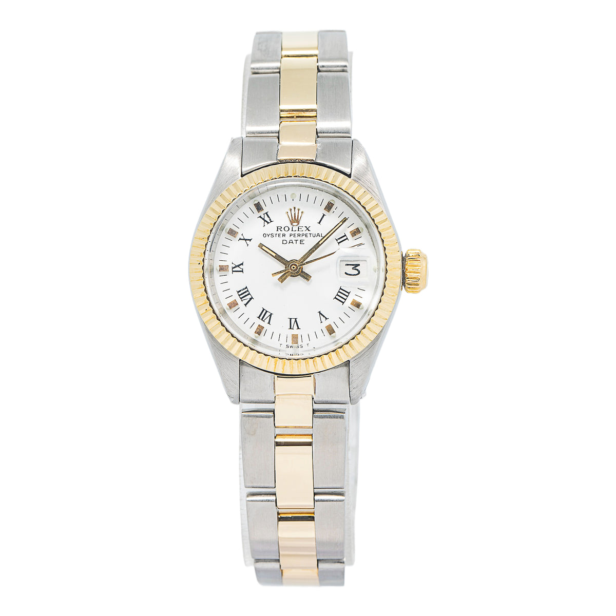 Rolex Date 6916 18K Two Tone YG Fluted White Dial Auto Ladies Watch 26mm