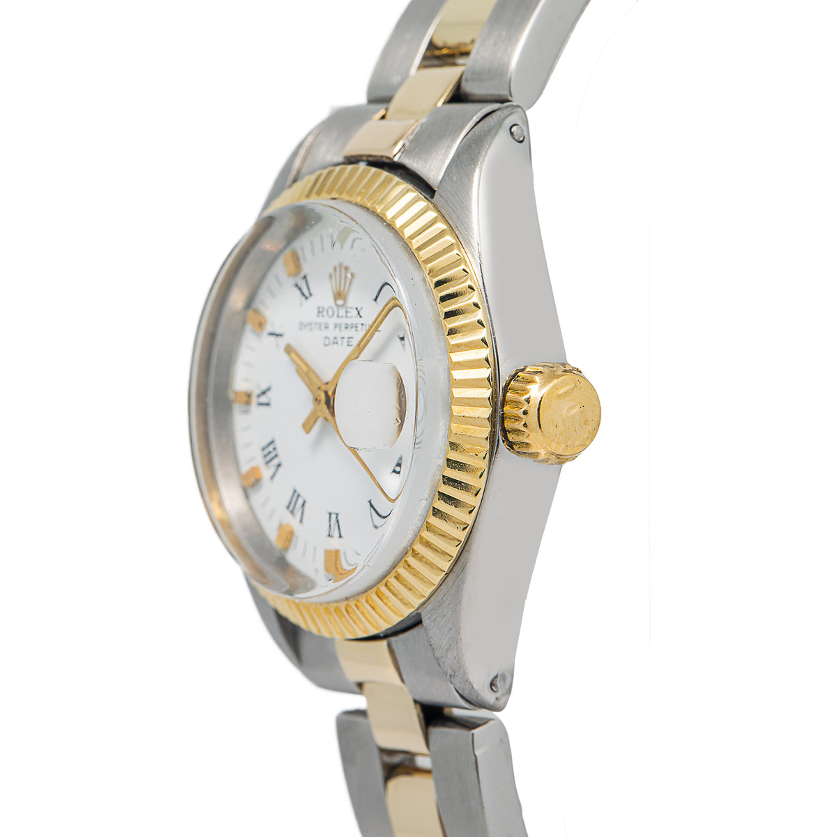 Rolex Date 6916 18K Two Tone YG Fluted White Dial Auto Ladies Watch 26mm