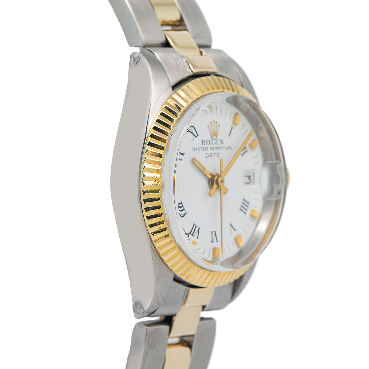 Rolex Date 6916 18K Two Tone YG Fluted White Dial Auto Ladies Watch 26mm