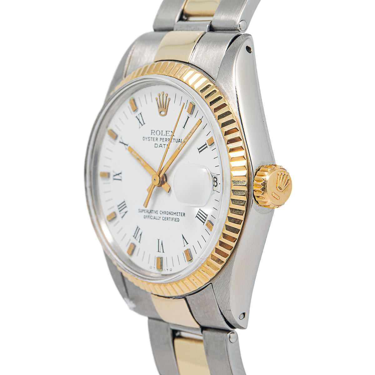 Rolex Date 1500 18k YG Two Tone Fluted White Dial Auto Man's Watch 34mm