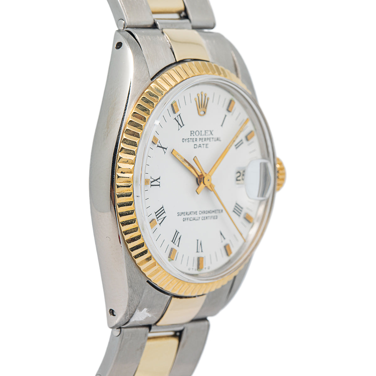 Rolex Date 1500 18k YG Two Tone Fluted White Dial Auto Man's Watch 34mm
