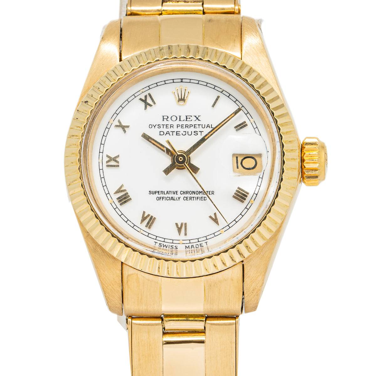 Rolex Date Just 6916 Oyster 18K YG Fluted White Dial Auto Ladies Watch 26mm