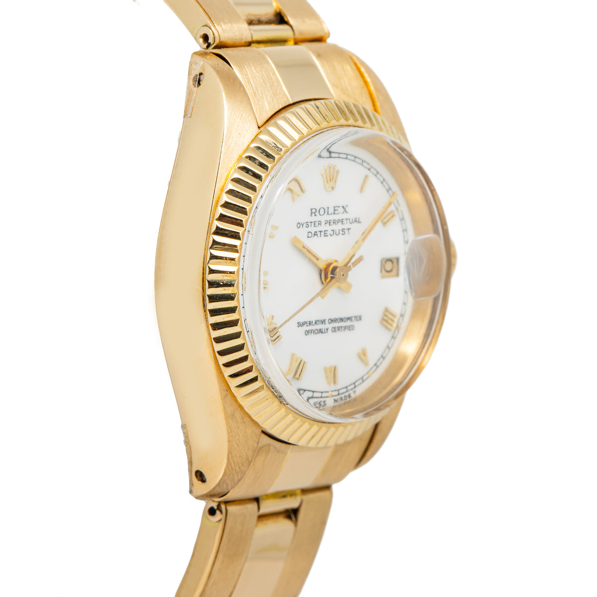 Rolex Date Just 6916 Oyster 18K YG Fluted White Dial Auto Ladies Watch 26mm