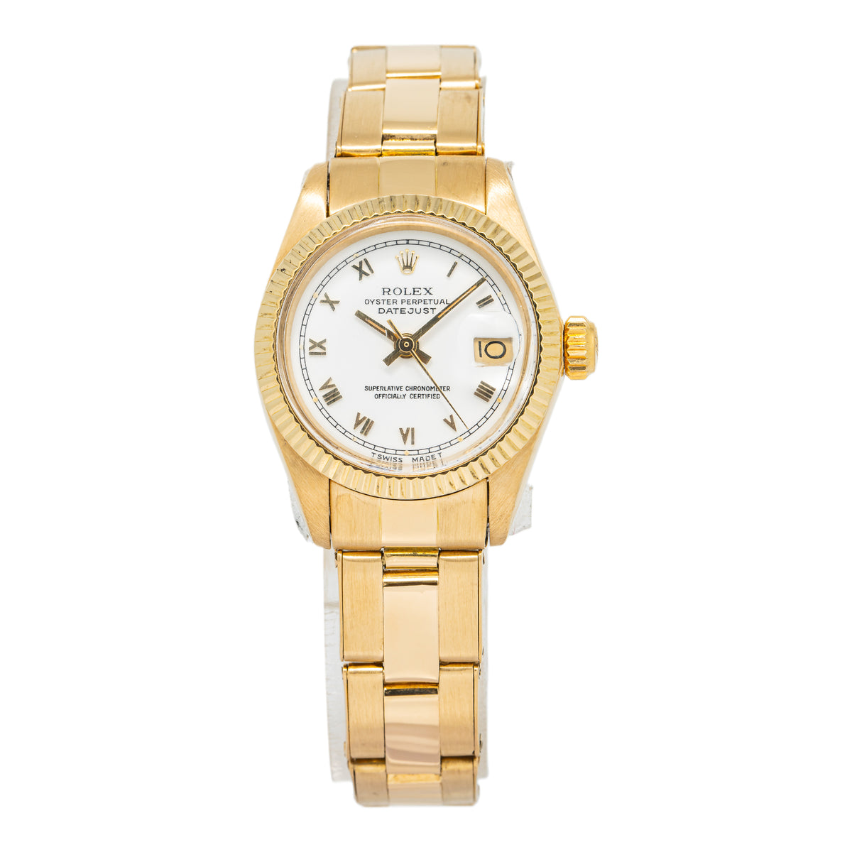 Rolex Date Just 6916 Oyster 18K YG Fluted White Dial Auto Ladies Watch 26mm