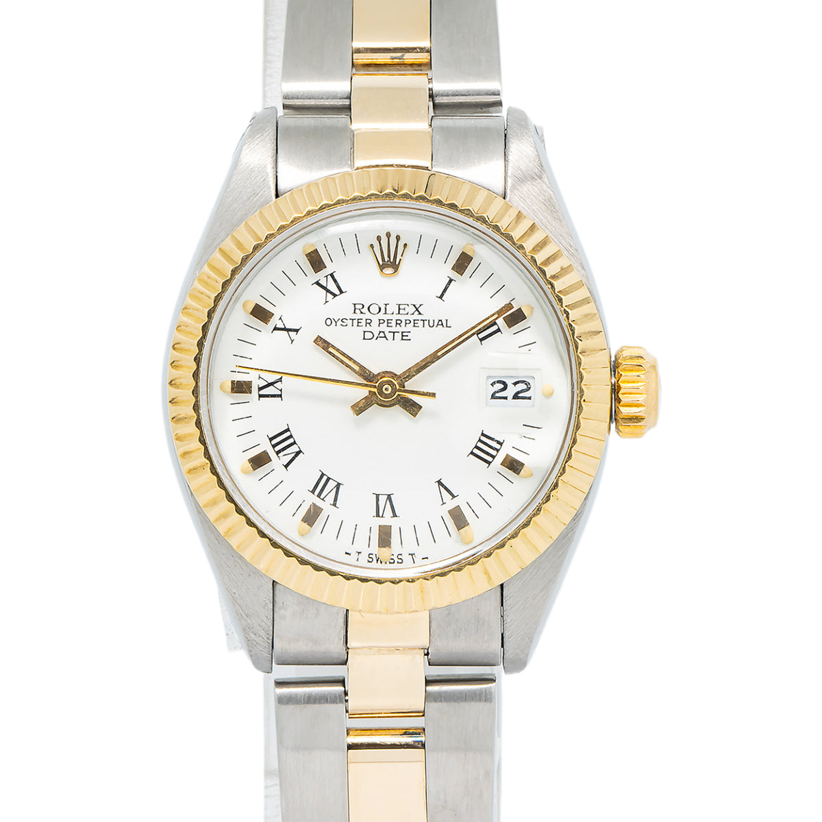 Rolex Date 6916 18K Two Tone Yellow Gold Fluted White Dial Auo Lady's Watch 26mm