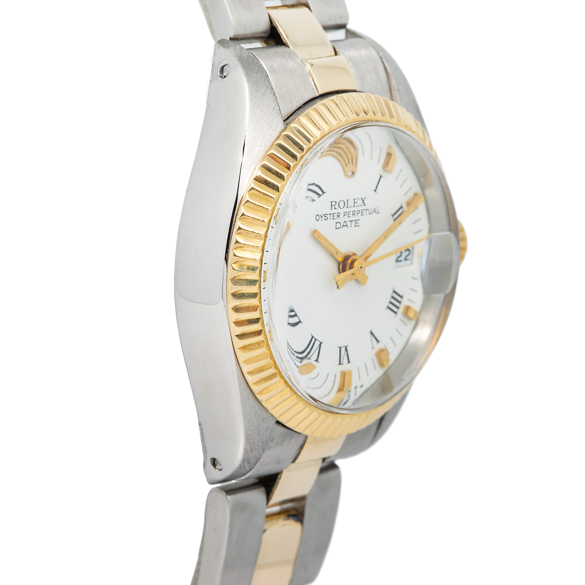 Rolex Date 6916 18K Two Tone Yellow Gold Fluted White Dial Auo Lady's Watch 26mm