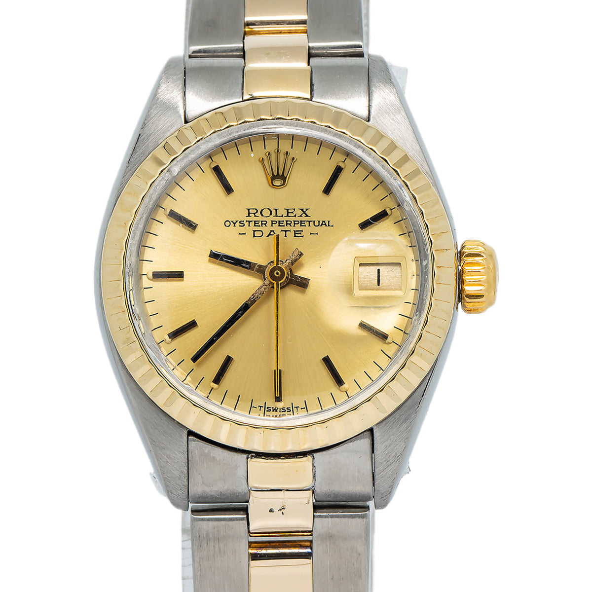 Rolex Date 6917 Converted 18K YG Two Tone Fluted Bezel Auto Ladies Watch 26mm