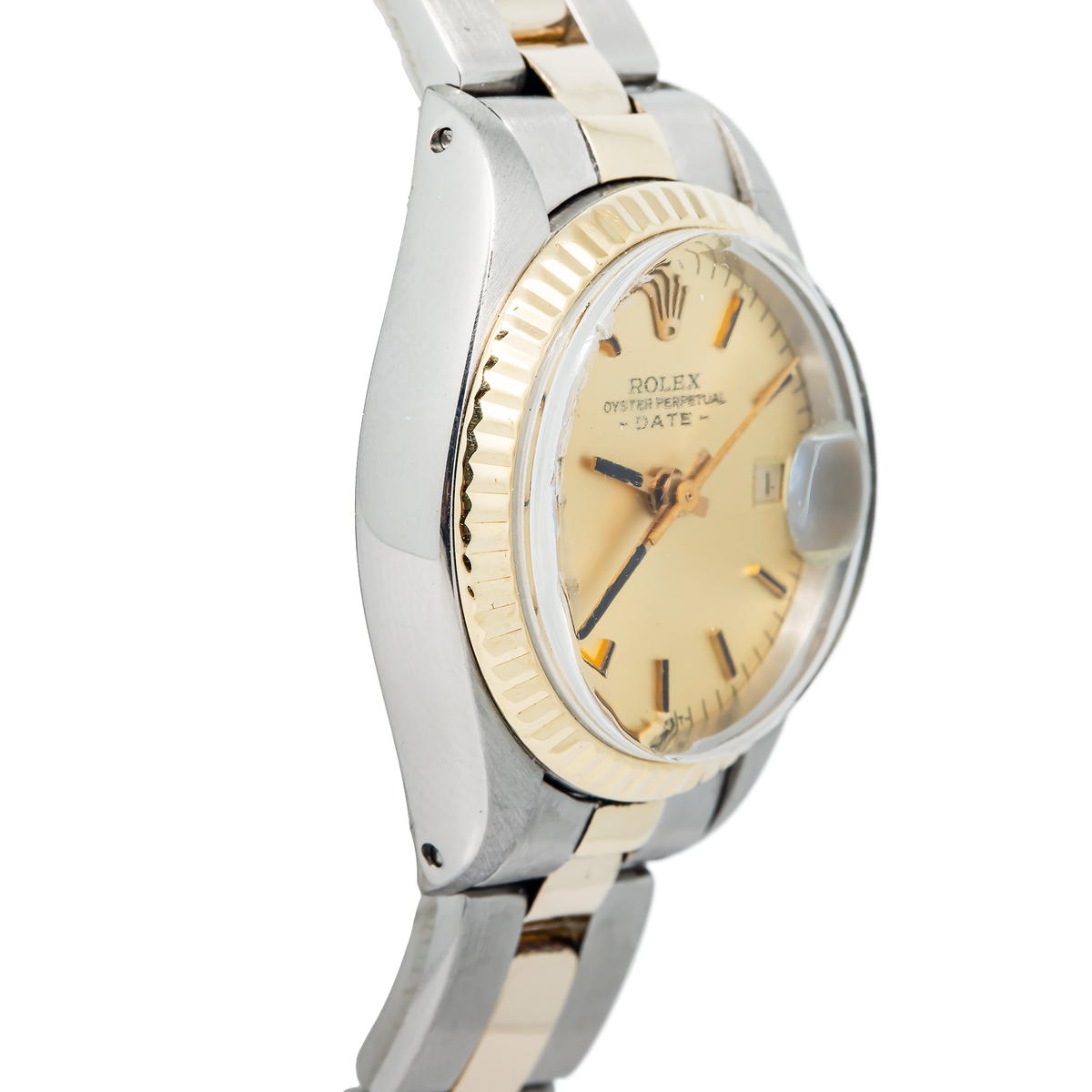 Rolex Date 6917 Converted 18K YG Two Tone Fluted Bezel Auto Ladies Watch 26mm