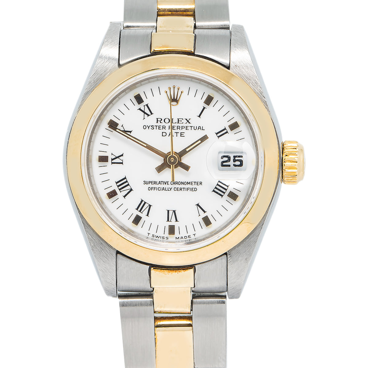 Rolex Date 69160 18K YG Two Tone White Dial Automatic Ladies Watch 26mm