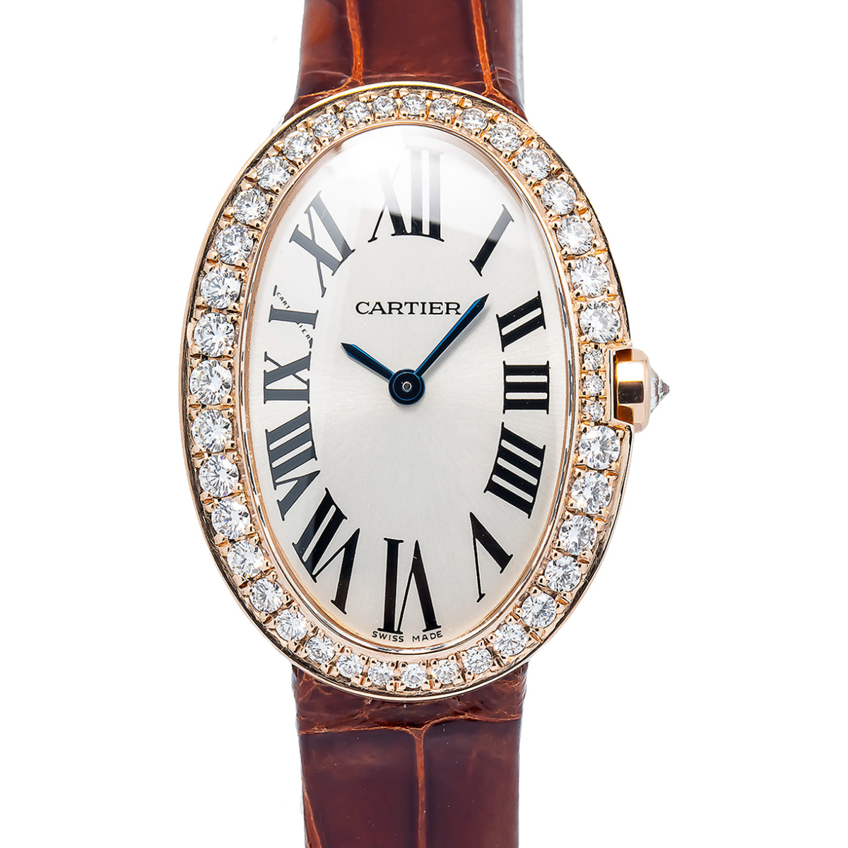 Cartier Baignoire W8000007 18k Rose Quartz Diamond Bezel Silver Dial Ladies 23mm