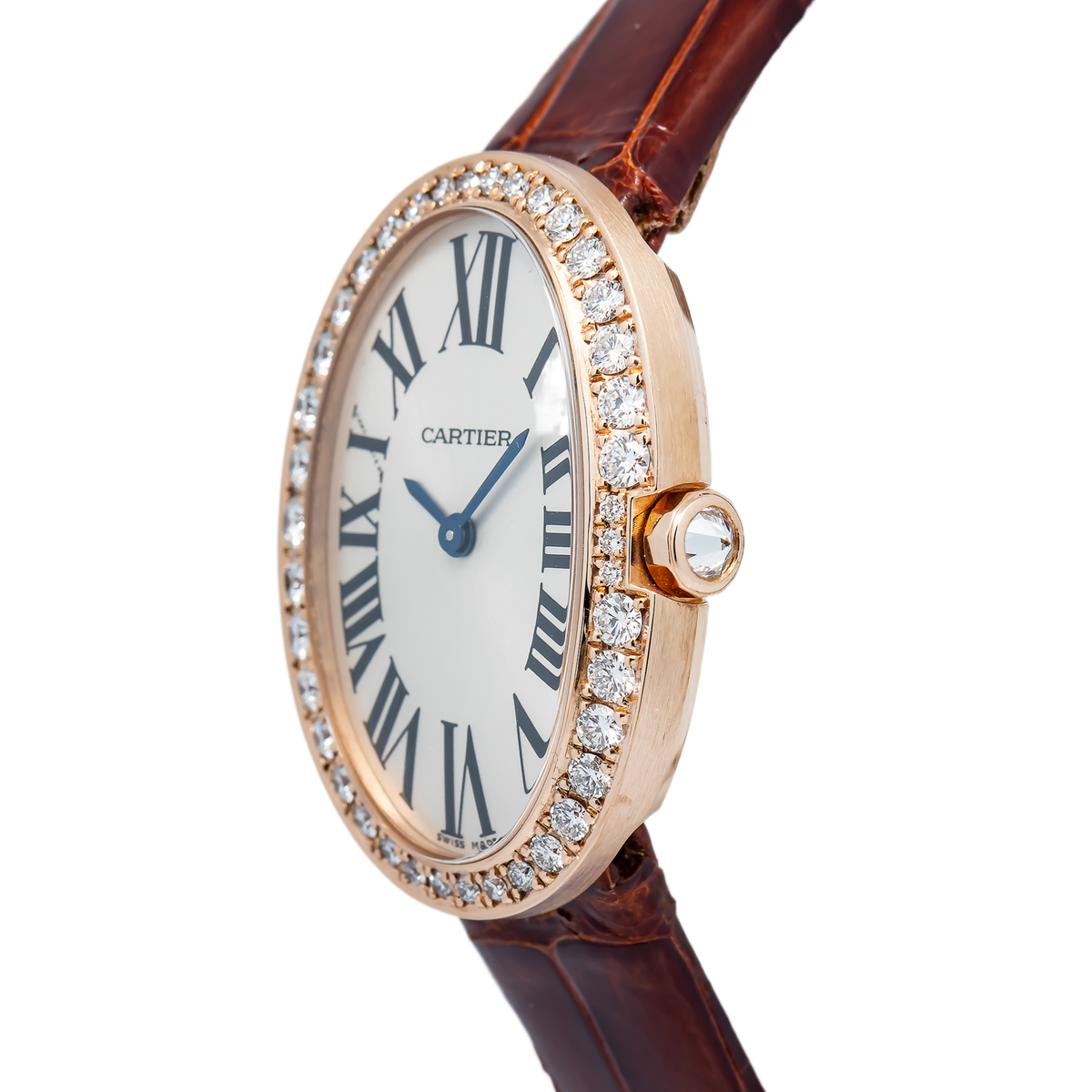 Cartier Baignoire W8000007 18k Rose Quartz Diamond Bezel Silver Dial Ladies 23mm