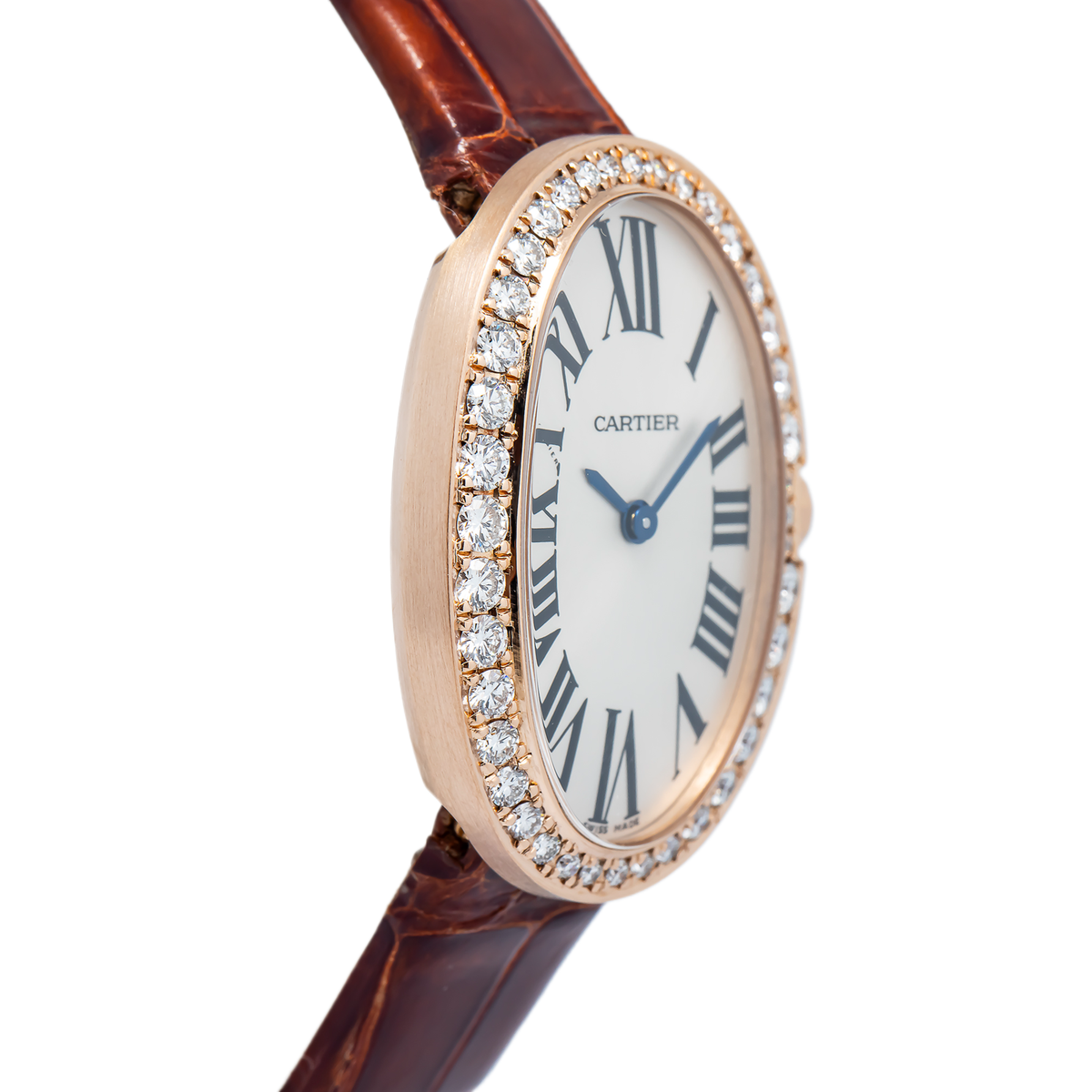 Cartier Baignoire W8000007 18k Rose Quartz Diamond Bezel Silver Dial Ladies 23mm