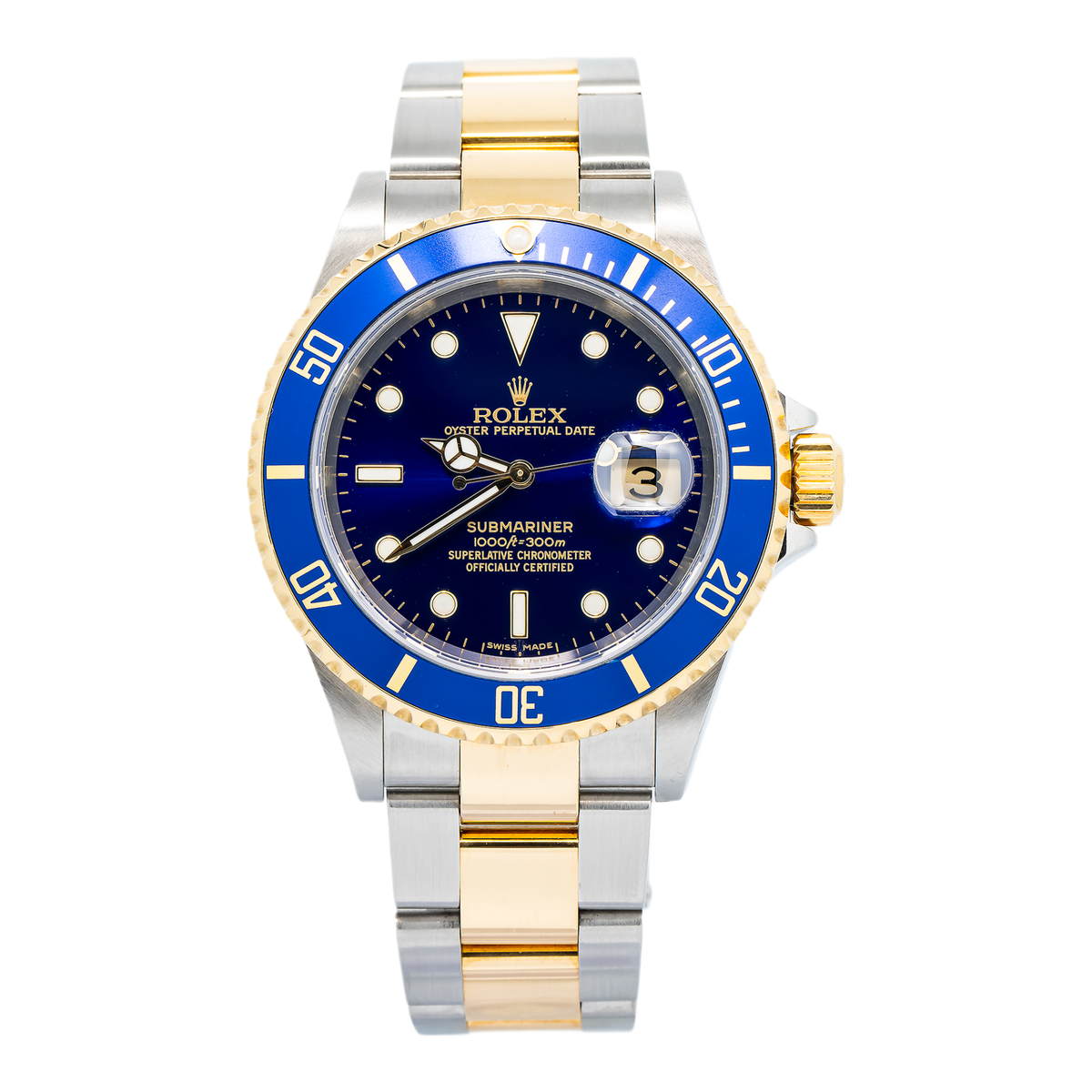 Rolex Submariner 16613 Gold Thru Buckle Two Tone Blue Dial Men's Watch 40mm