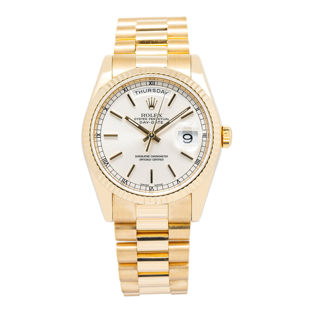 Rolex DayDate 118238 18k Yellow Gold President 2002 Auto Silver Dial Unisex 36mm