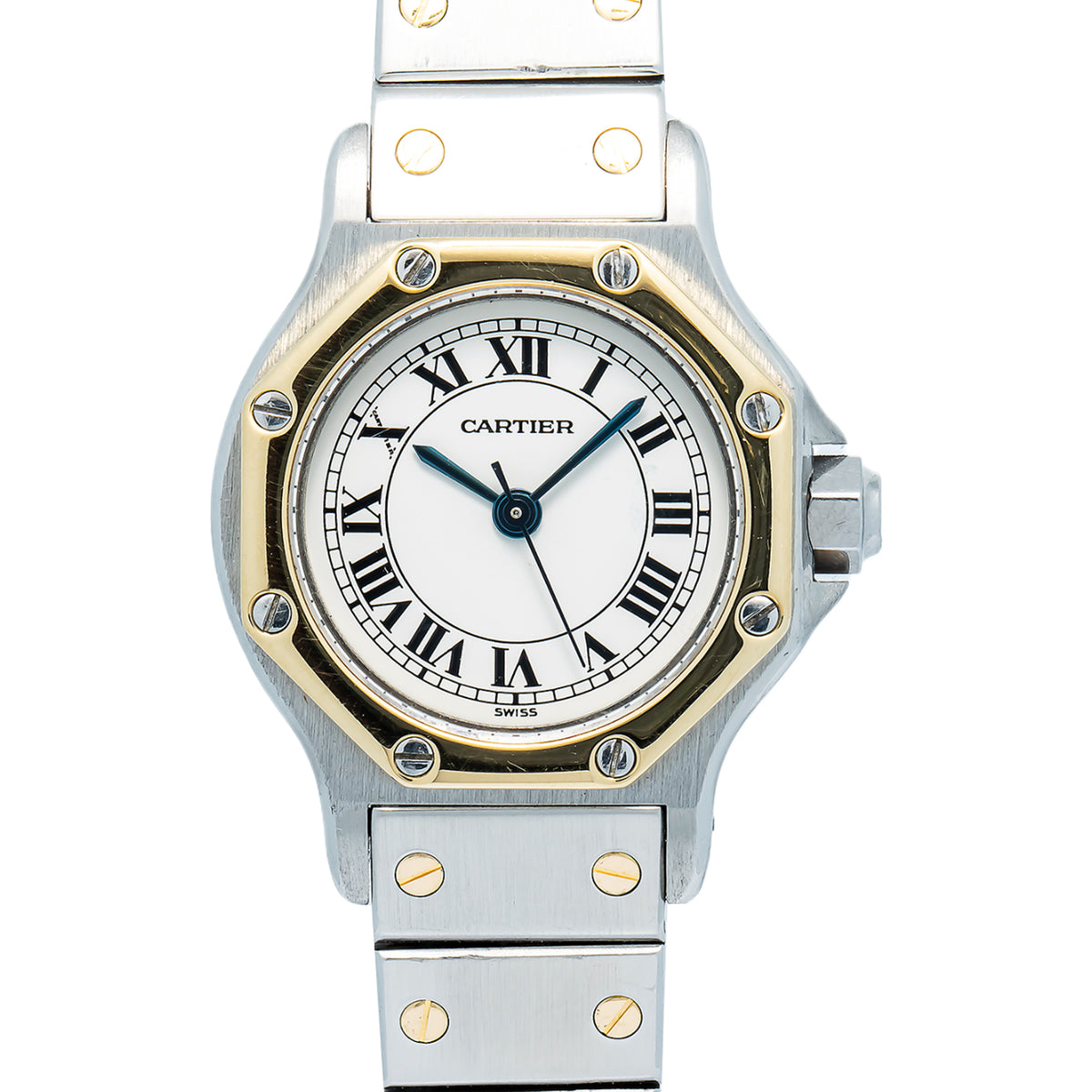 Cartier Santos Octagon 0907 Yellow Gold Two Tone White Dial Auto Lady Watch 24mm