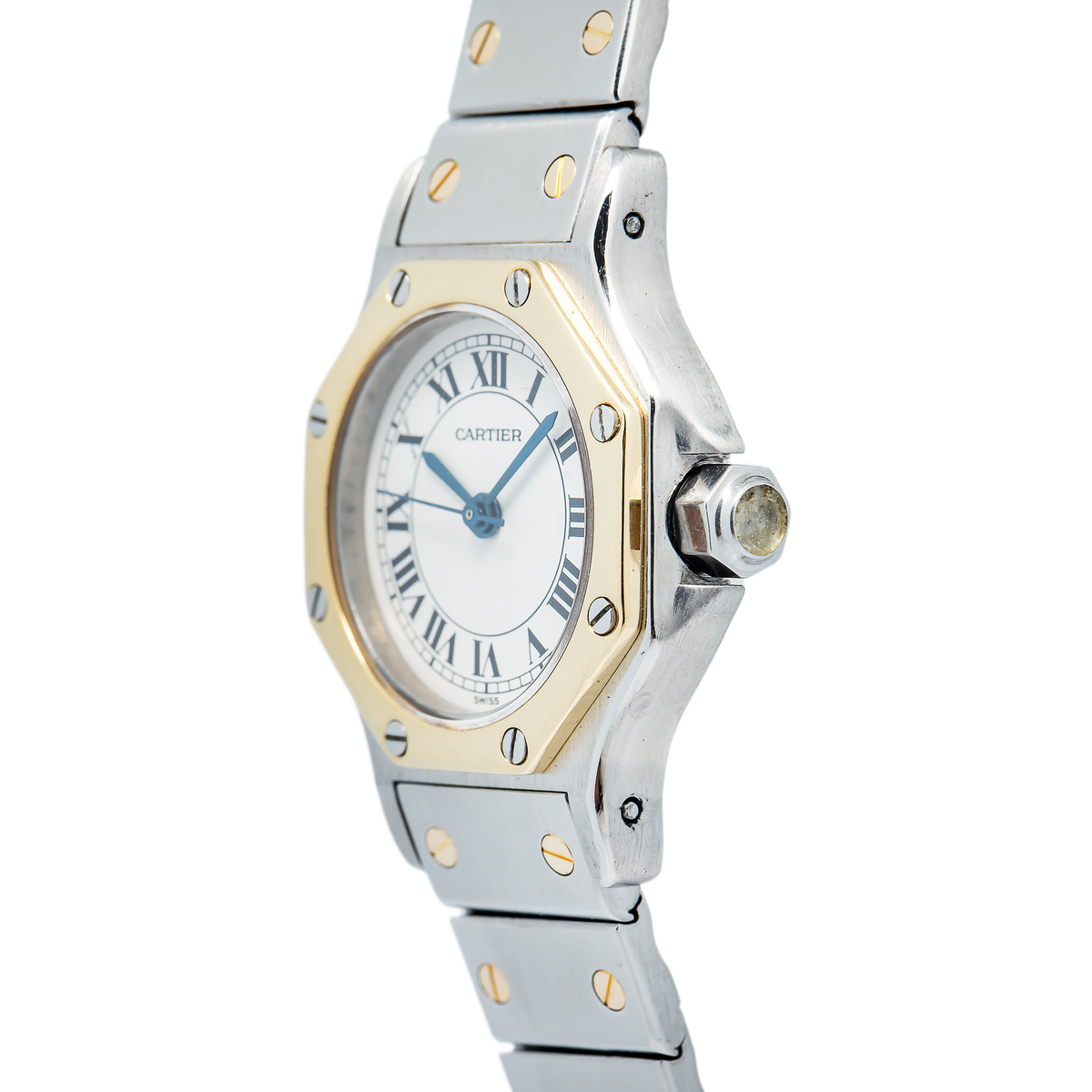 Cartier Santos Octagon 0907 Yellow Gold Two Tone White Dial Auto Lady Watch 24mm