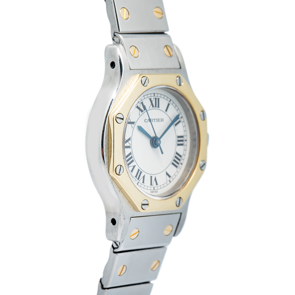 Cartier Santos Octagon 0907 Yellow Gold Two Tone White Dial Auto Lady Watch 24mm
