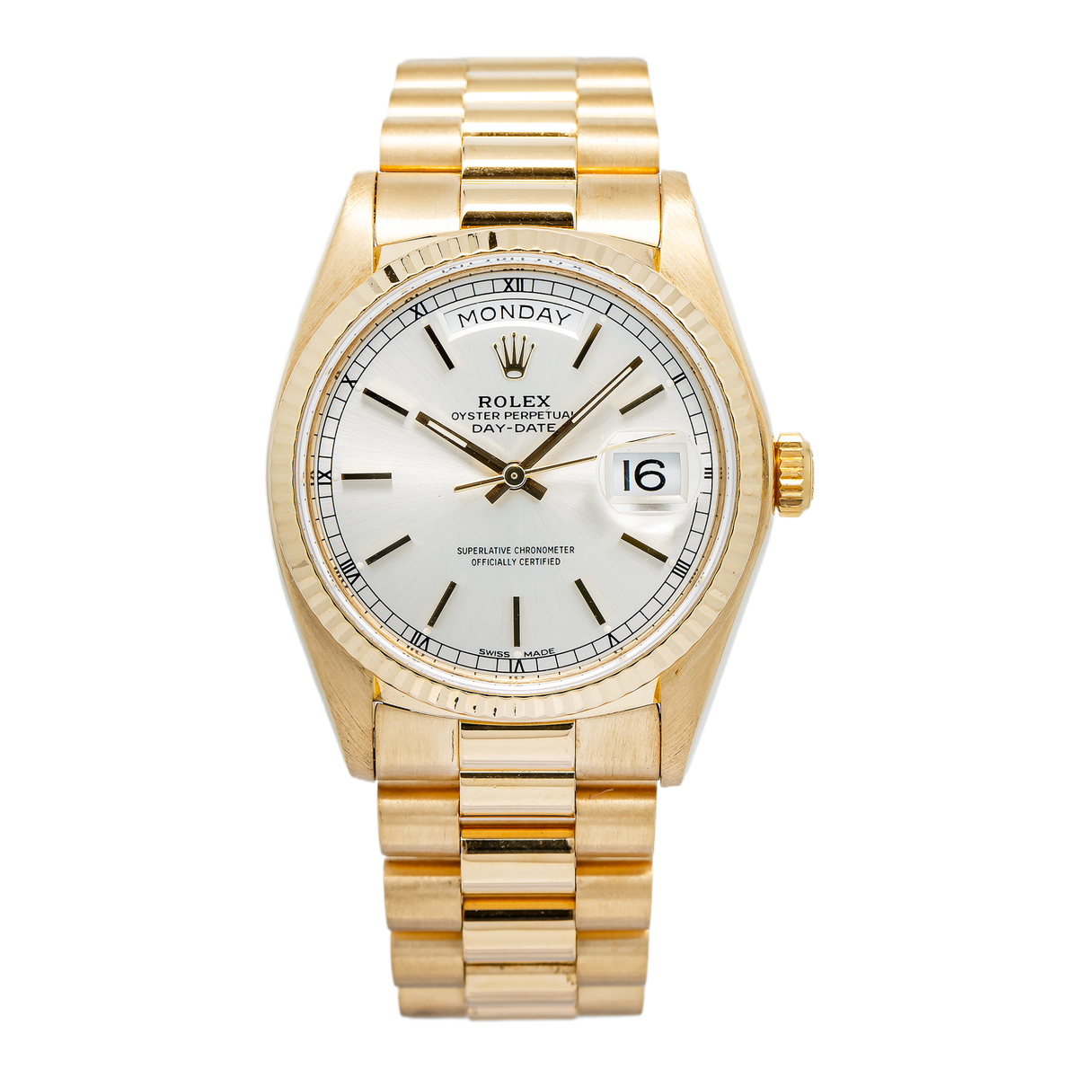 Rolex DayDate 18038 President Silver Dial 18k Yellow Gold Men's Watch 36mm