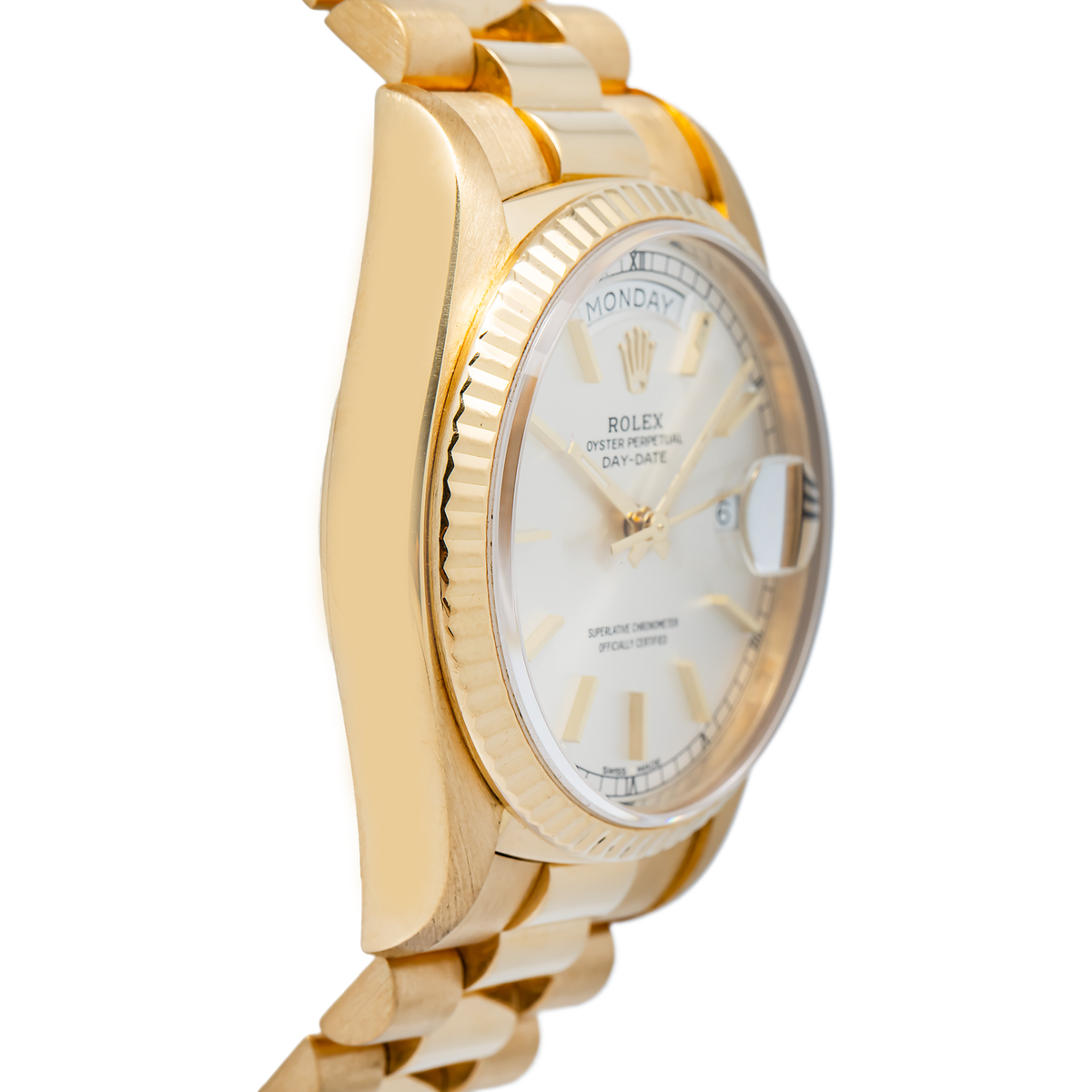 Rolex DayDate 18038 President Silver Dial 18k Yellow Gold Men's Watch 36mm