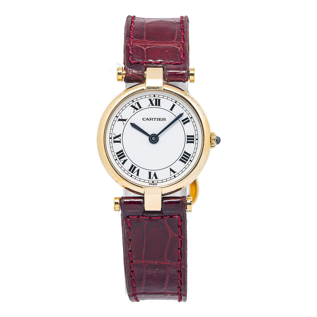 Cartier Vendome 81002 18K YG Bezel Burgundy Leather Strap Quartz Lady Watch 24mm
