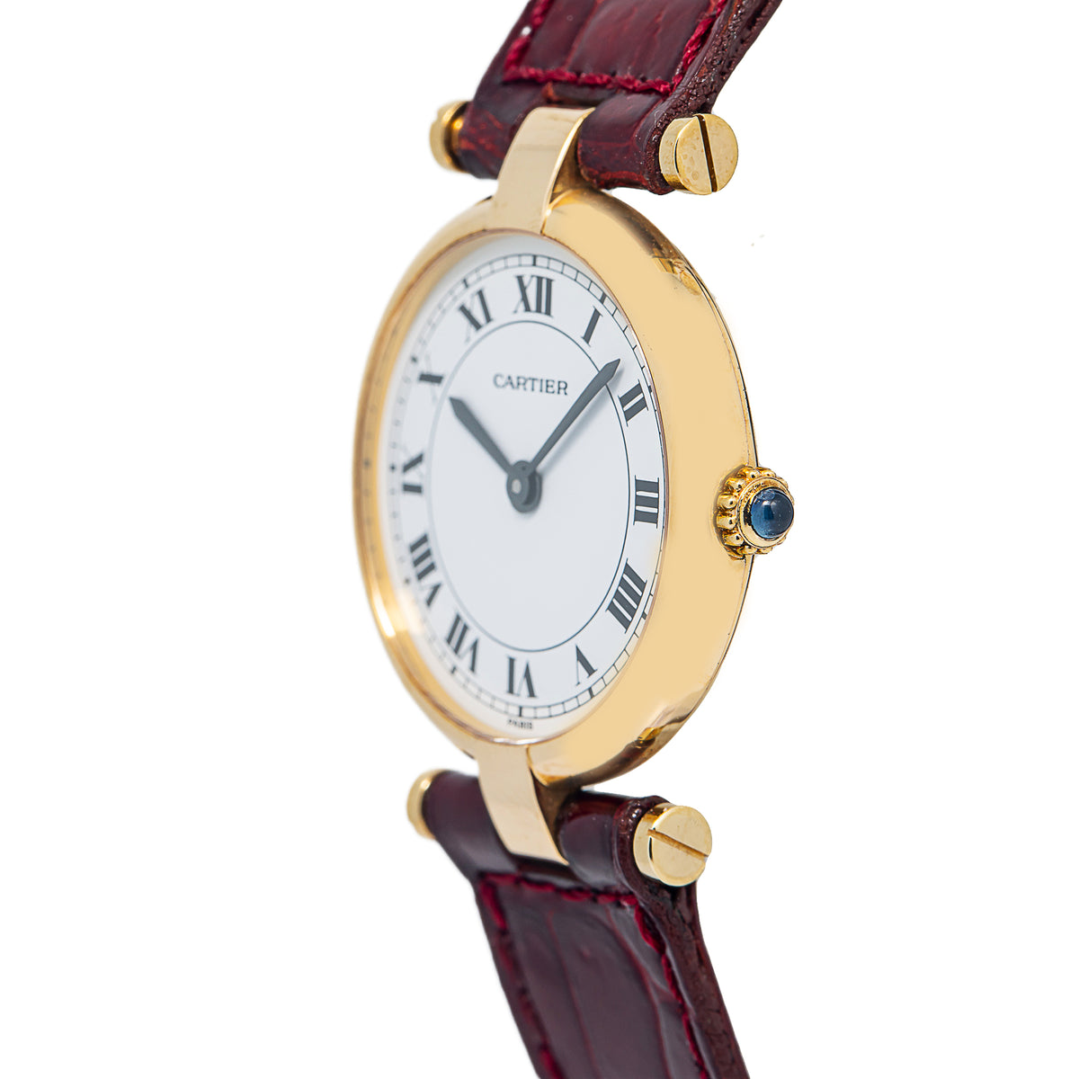 Cartier Vendome 81002 18K YG Bezel Burgundy Leather Strap Quartz Lady Watch 24mm