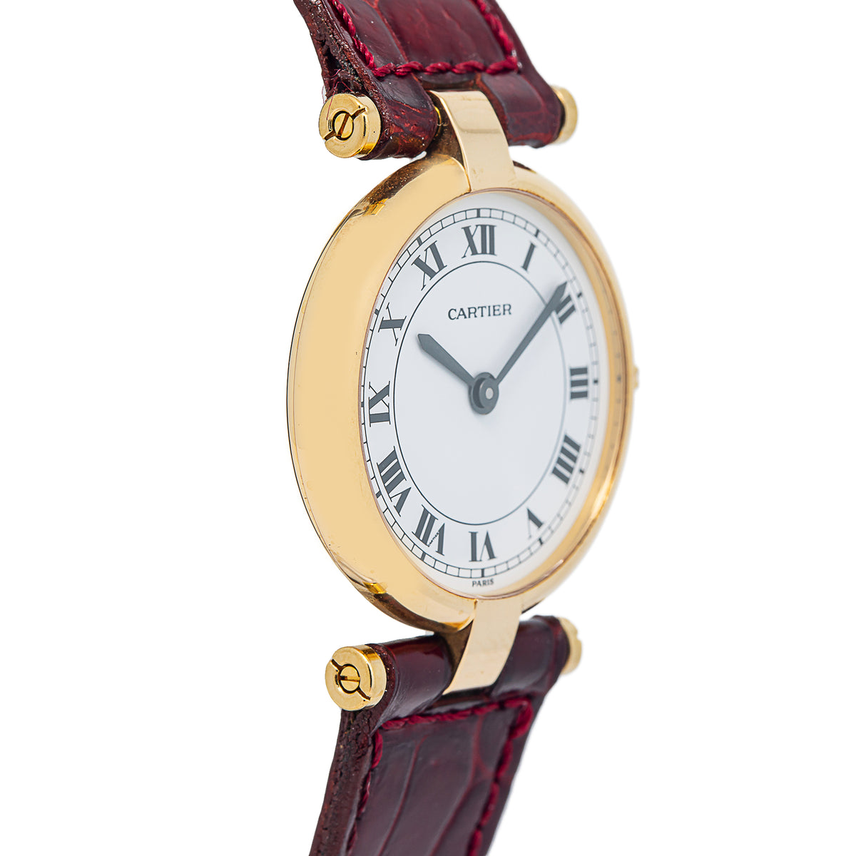 Cartier Vendome 81002 18K YG Bezel Burgundy Leather Strap Quartz Lady Watch 24mm