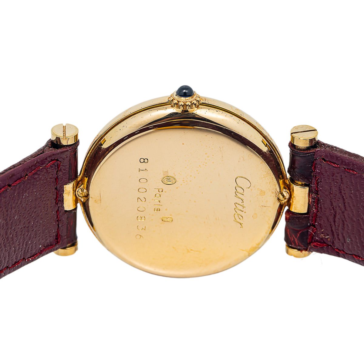 Cartier Vendome 81002 18K YG Bezel Burgundy Leather Strap Quartz Lady Watch 24mm