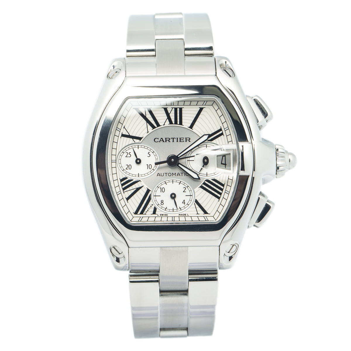 Cartier Roadster W62019X6 Chrono Stainless Auto Silver Dial Men's Watch 43mm