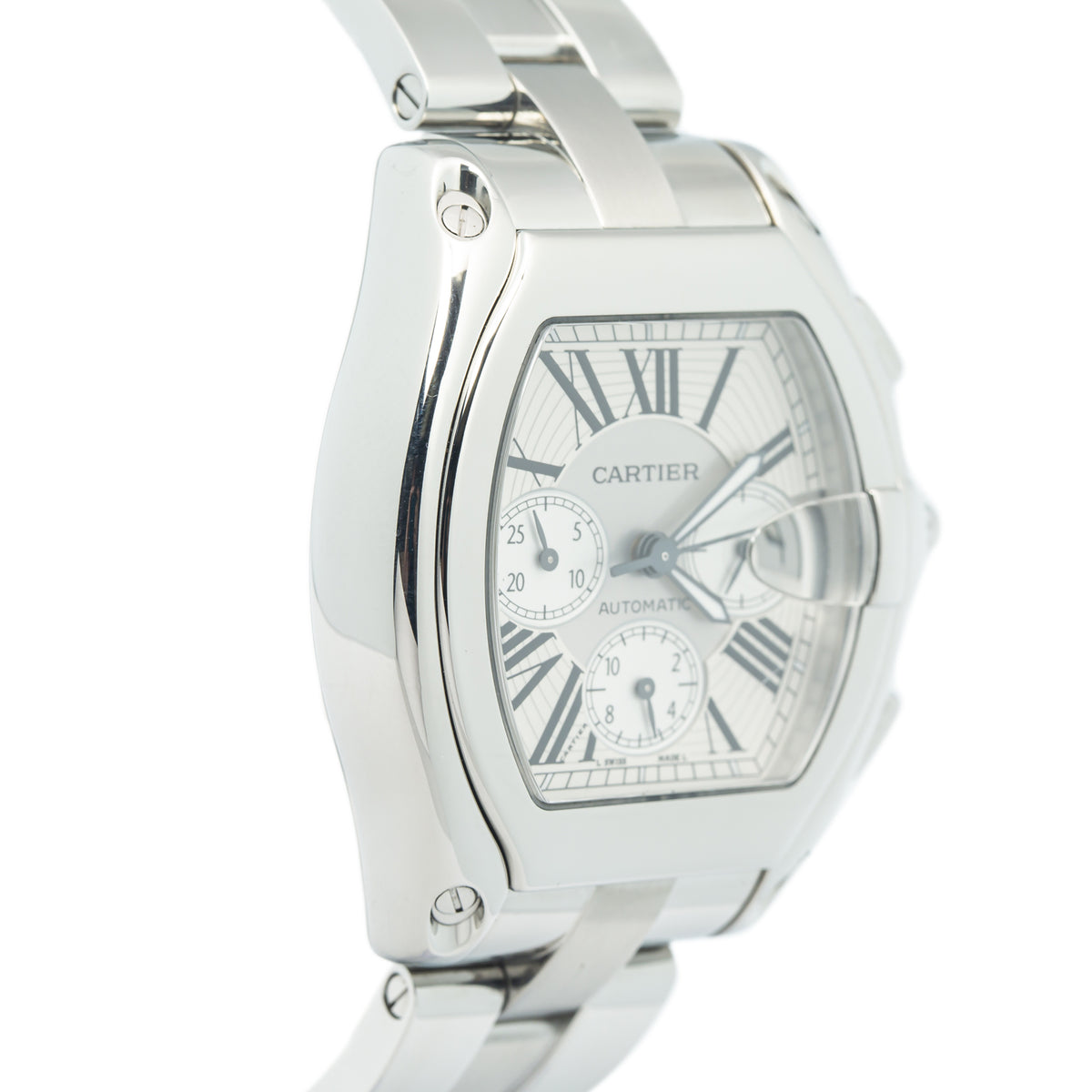 Cartier Roadster W62019X6 Chrono Stainless Auto Silver Dial Men's Watch 43mm