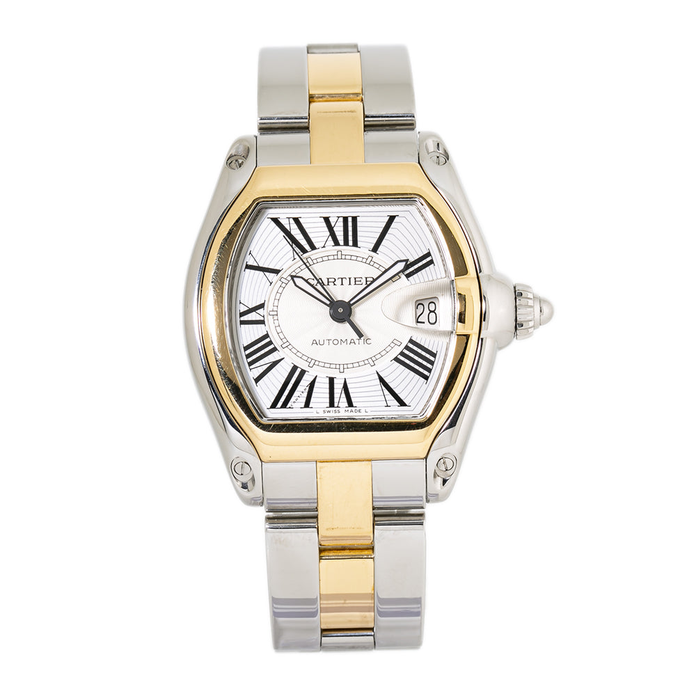 Cartier Roadster 2510 W62031Y4 18k YG Two Tone Silver Dial Auto Men's Watch 37mm