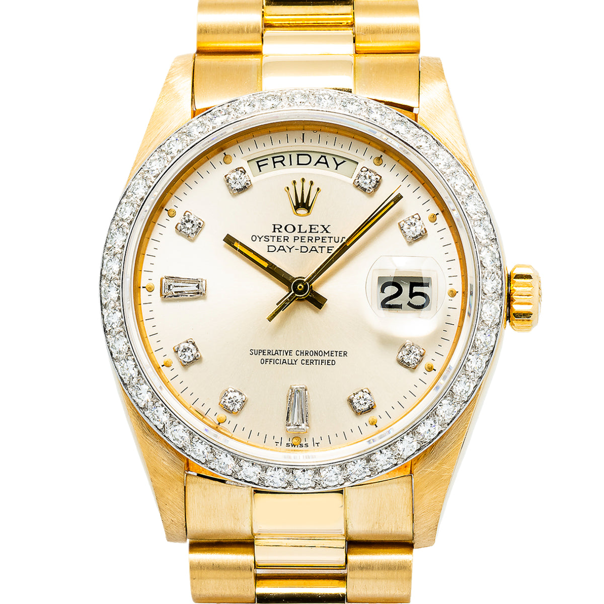 Rolex Day-Date 18038 Aftermarket Diamond 18k YG Silver Dial  Men's Watch 36mm