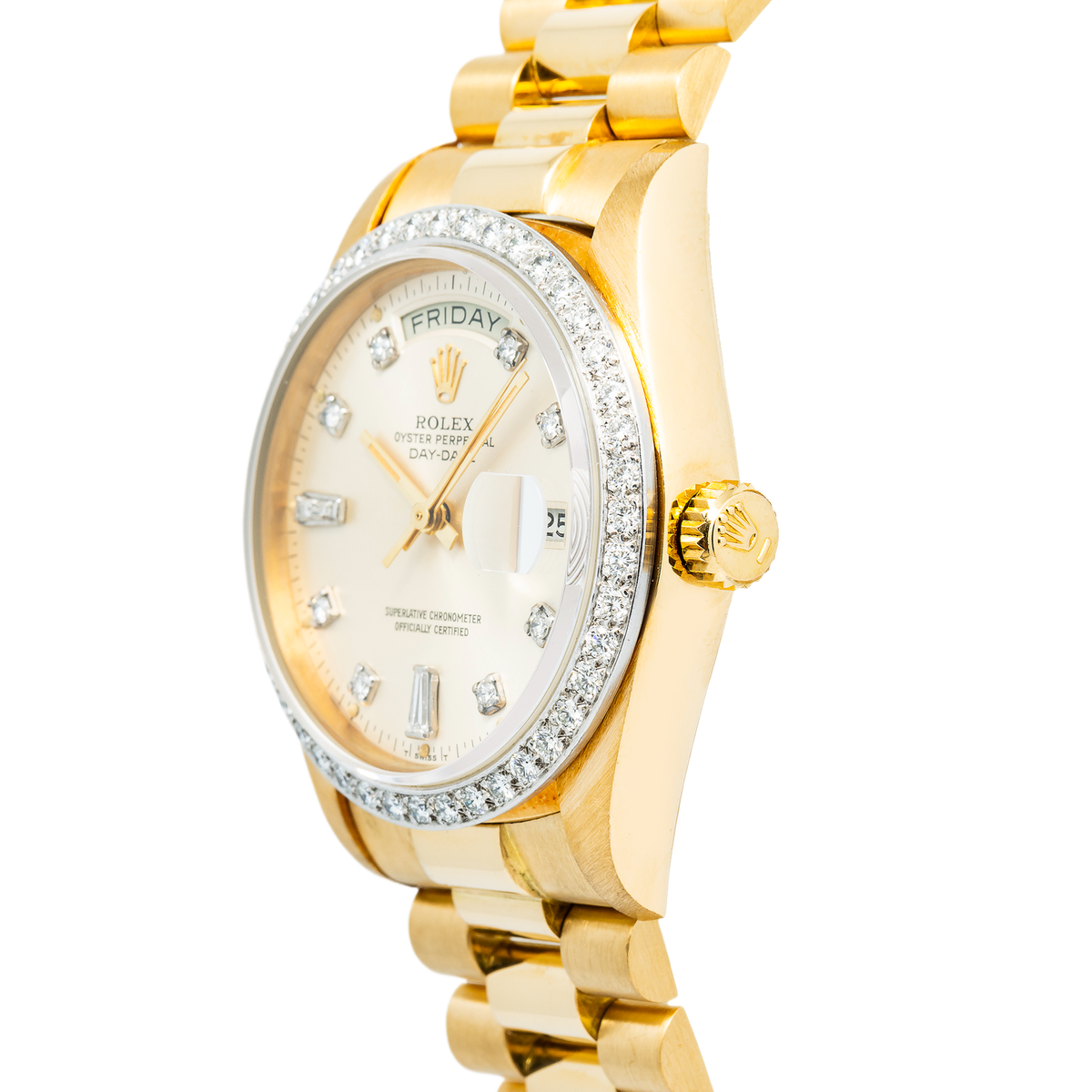 Rolex Day-Date 18038 Aftermarket Diamond 18k YG Silver Dial  Men's Watch 36mm
