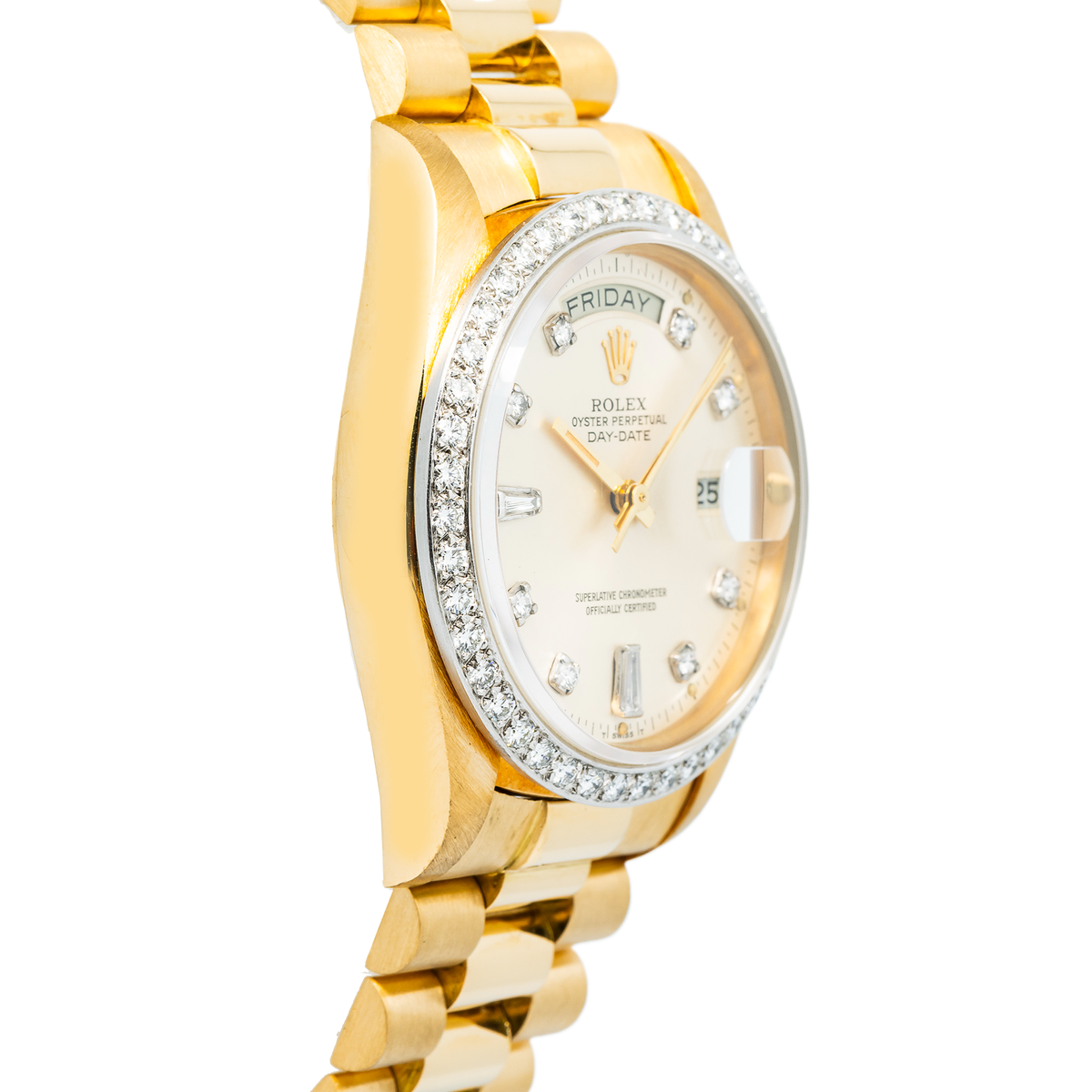 Rolex Day-Date 18038 Aftermarket Diamond 18k YG Silver Dial  Men's Watch 36mm