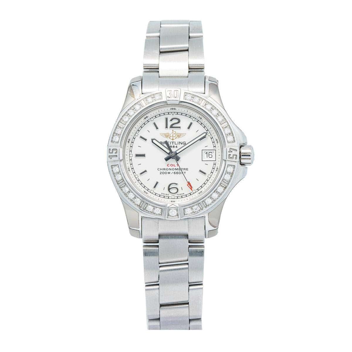 Breitling Colt A77388 Factory Diamond Bezel White Dial Quartz Ladies Watch 33mm