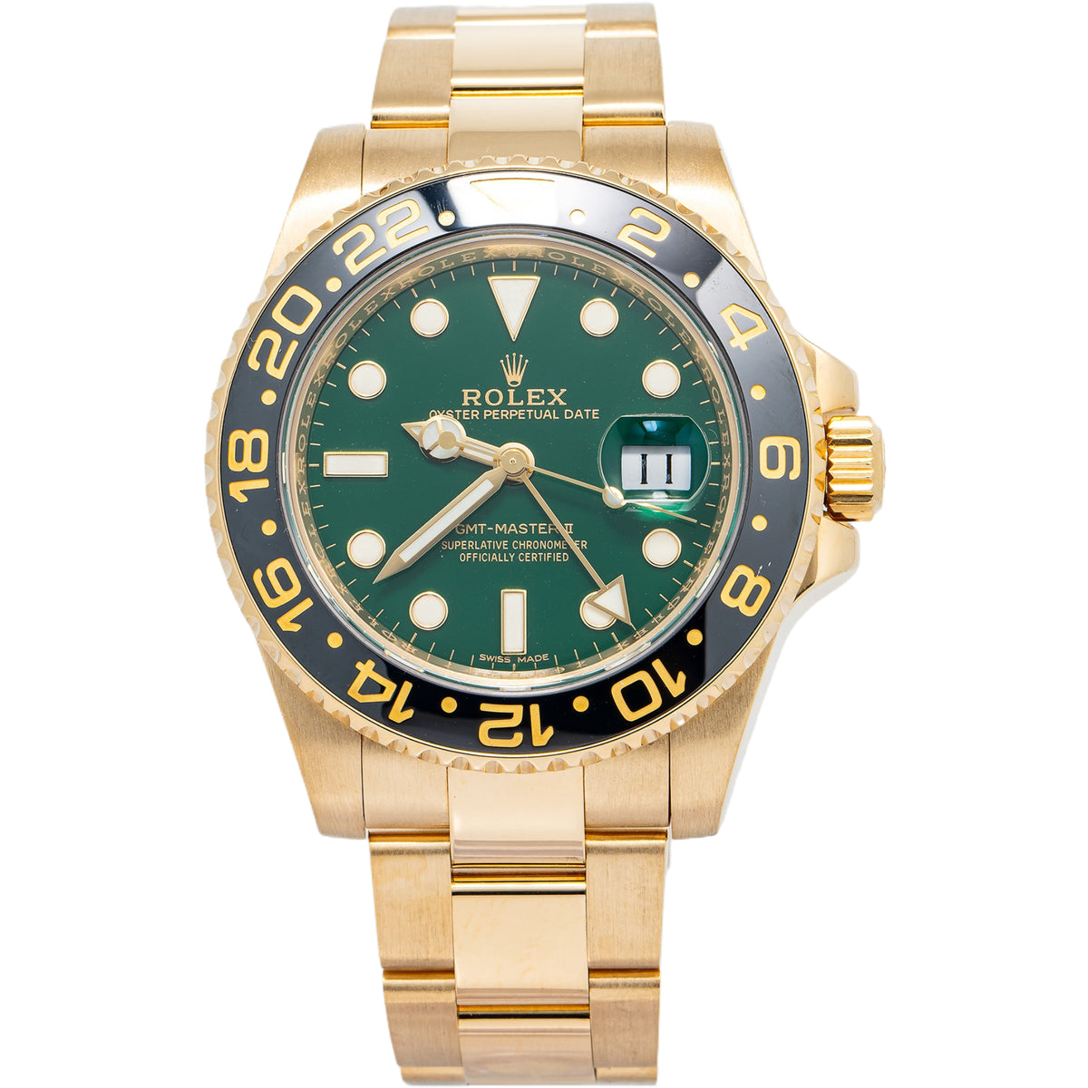 Rolex GMT-Master II 116718 Oyster 18k Yellow Gold Green Dial Auto Men Watch 40mm