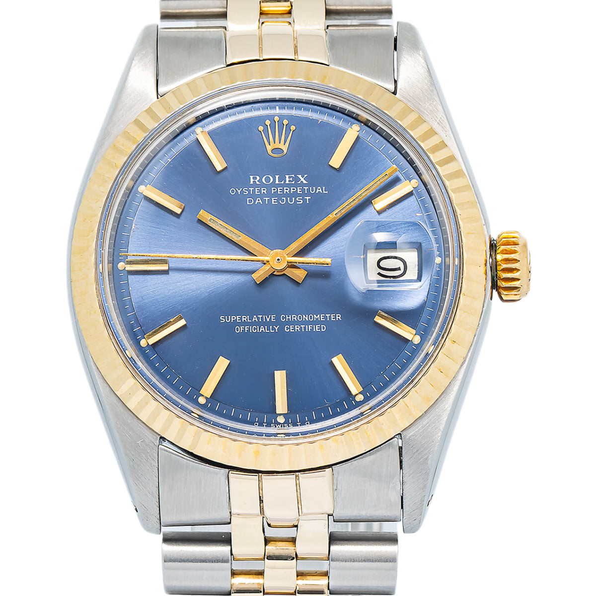 Rolex Datejust 16013 18k YG Two Tone Blue Sunburst Dial Auto Unisex Watch 36mm
