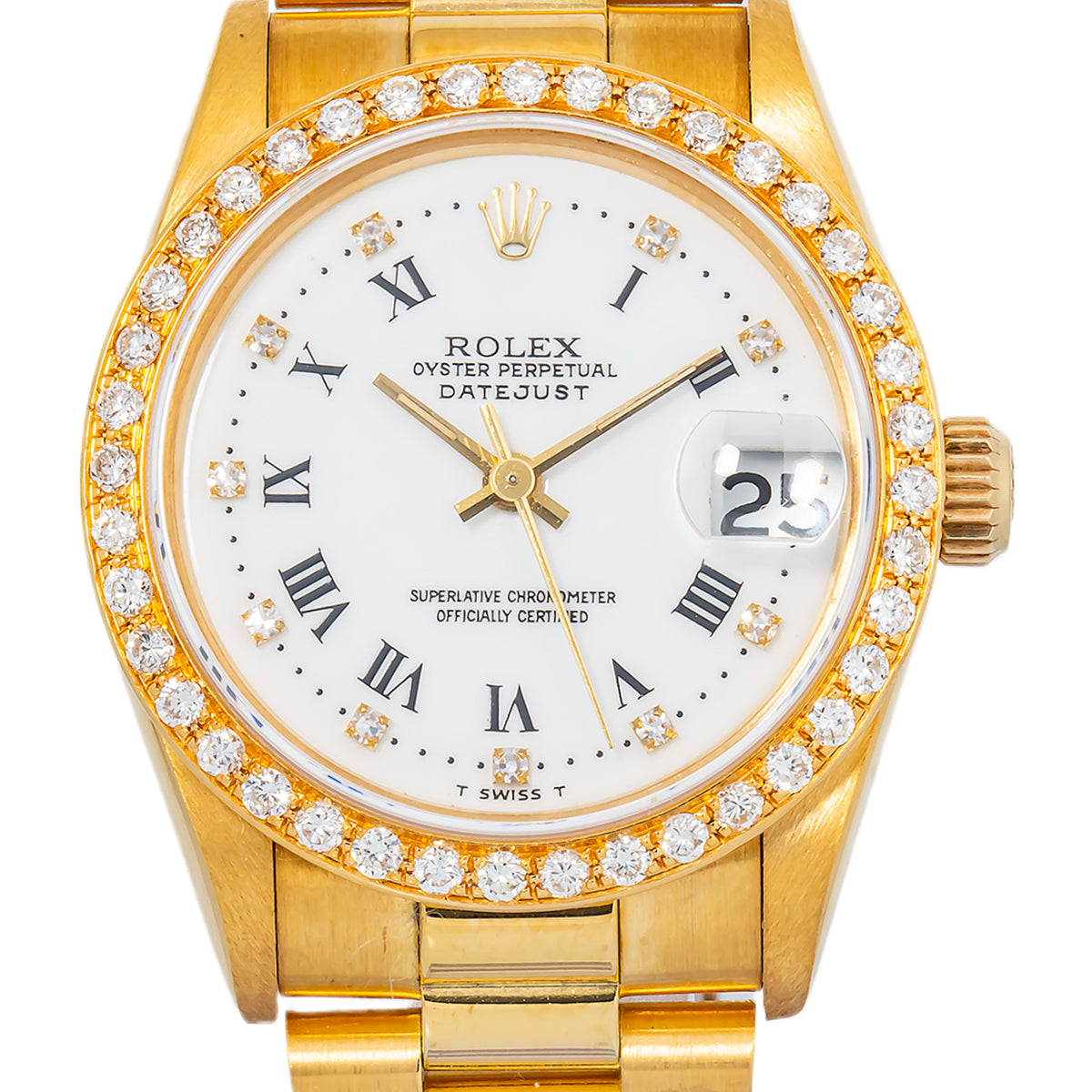 Rolex Datejust 68278 Auto 18k YG President White Dial Diamond Bezel Unisex 31mm