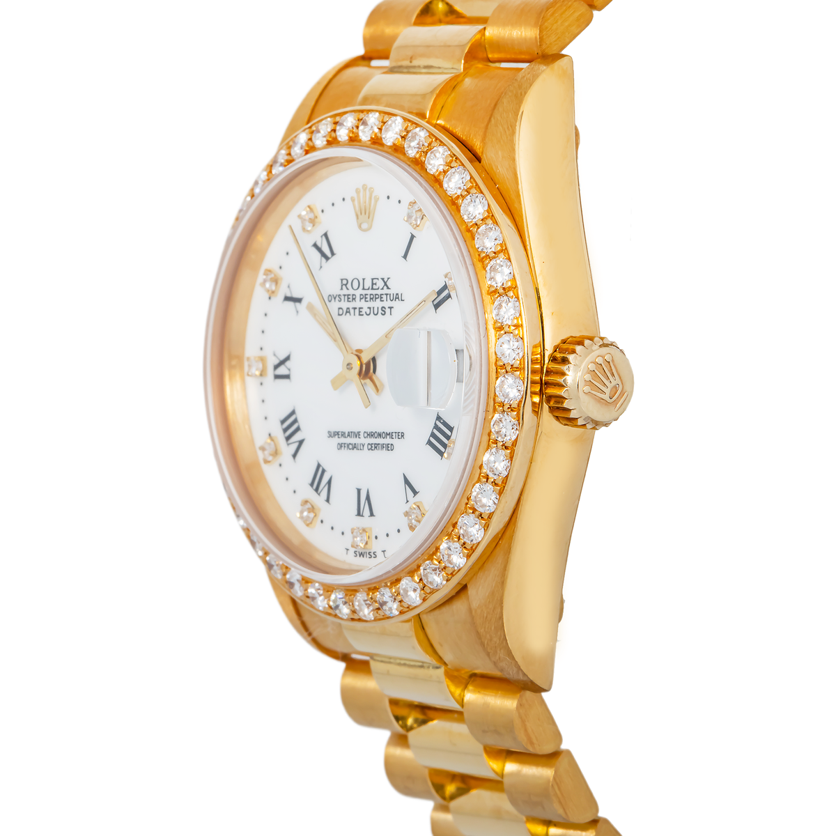 Rolex Datejust 68278 Auto 18k YG President White Dial Diamond Bezel Unisex 31mm