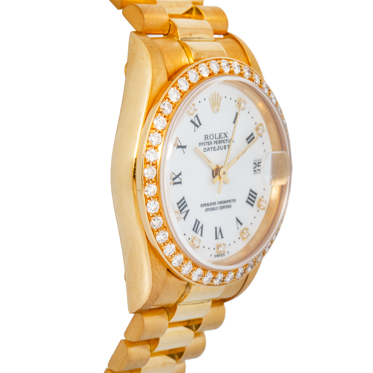 Rolex Datejust 68278 Auto 18k YG President White Dial Diamond Bezel Unisex 31mm