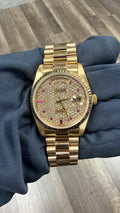 Rolex Day-Date 18038 President 18K YG Auto Ruby Diamond Dial Unisex Watch 36mm