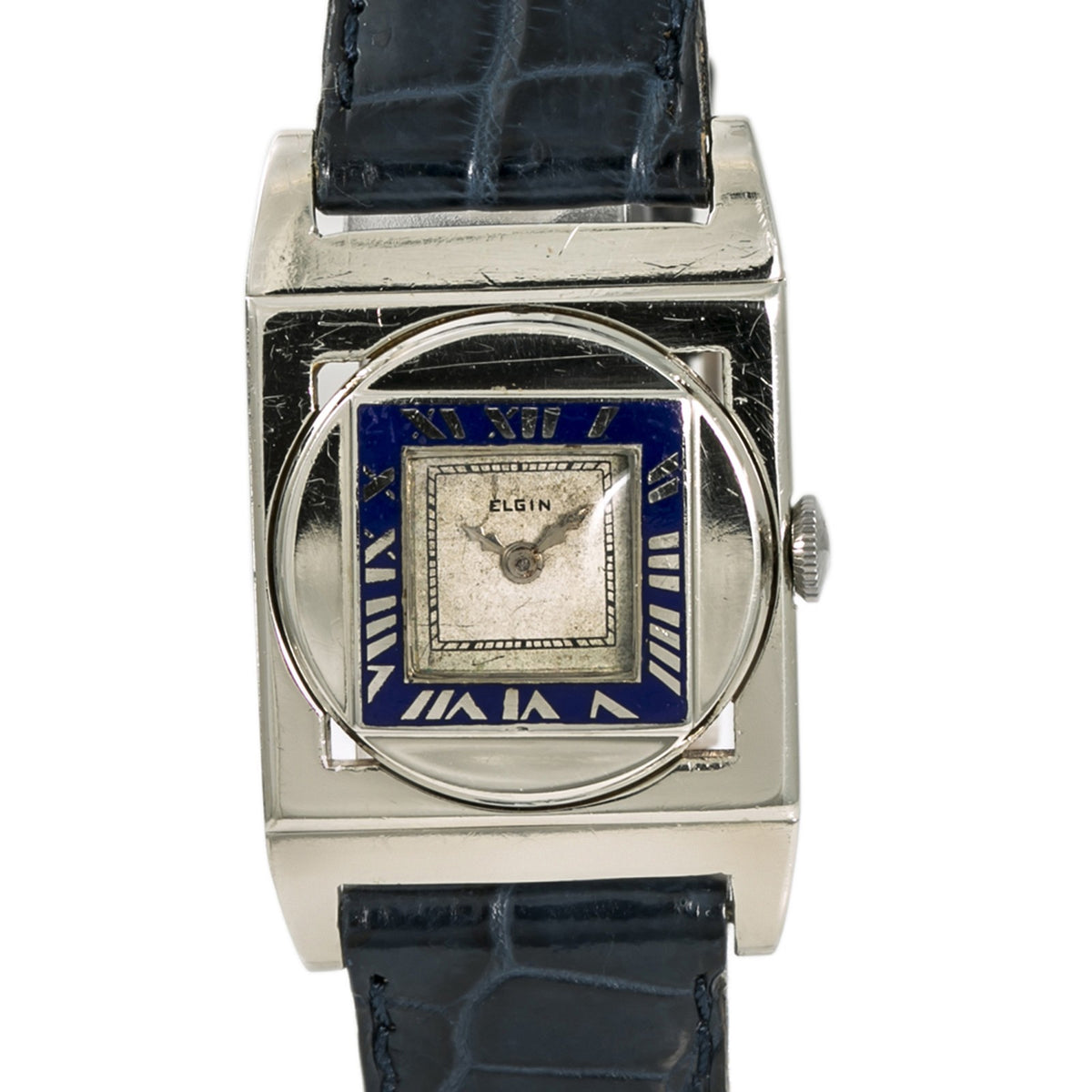 Elgin Presentation Enamel Mens Hand Winding Vintage Watch 14K White Gold 26mm