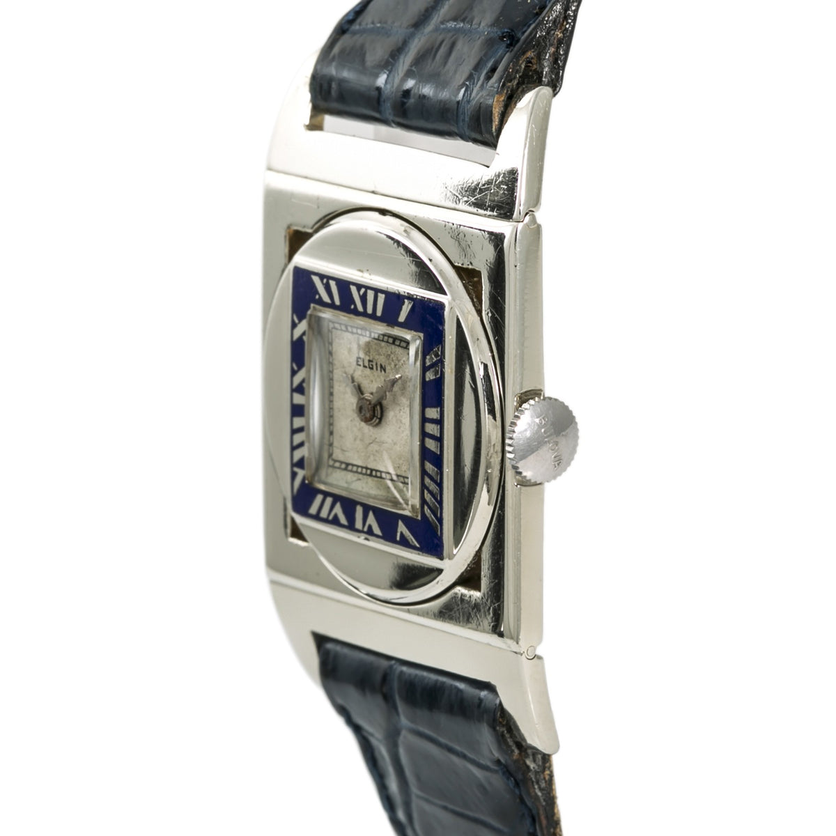Elgin Presentation Enamel Mens Hand Winding Vintage Watch 14K White Gold 26mm
