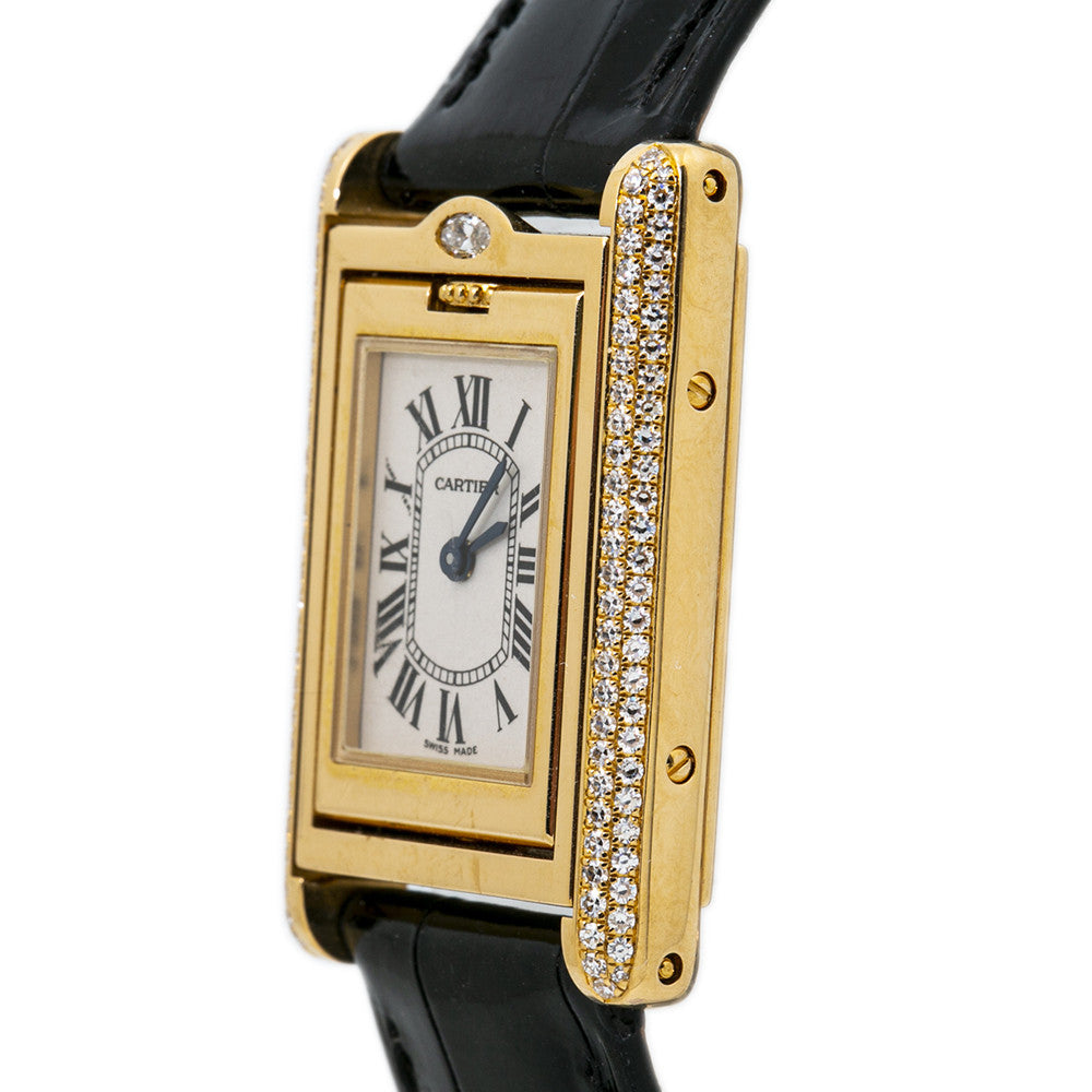Cartier Tank Basculante 2480 Factory Diamond 18K Gold Ladies 22mm Box&Papers