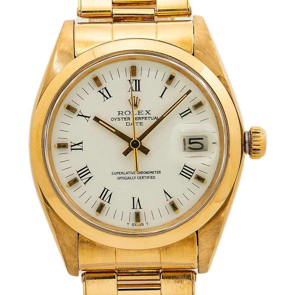 Rolex Date 1500 Vintage 18K Yellow Gold White Dial Automatic Men's Watch 34mm